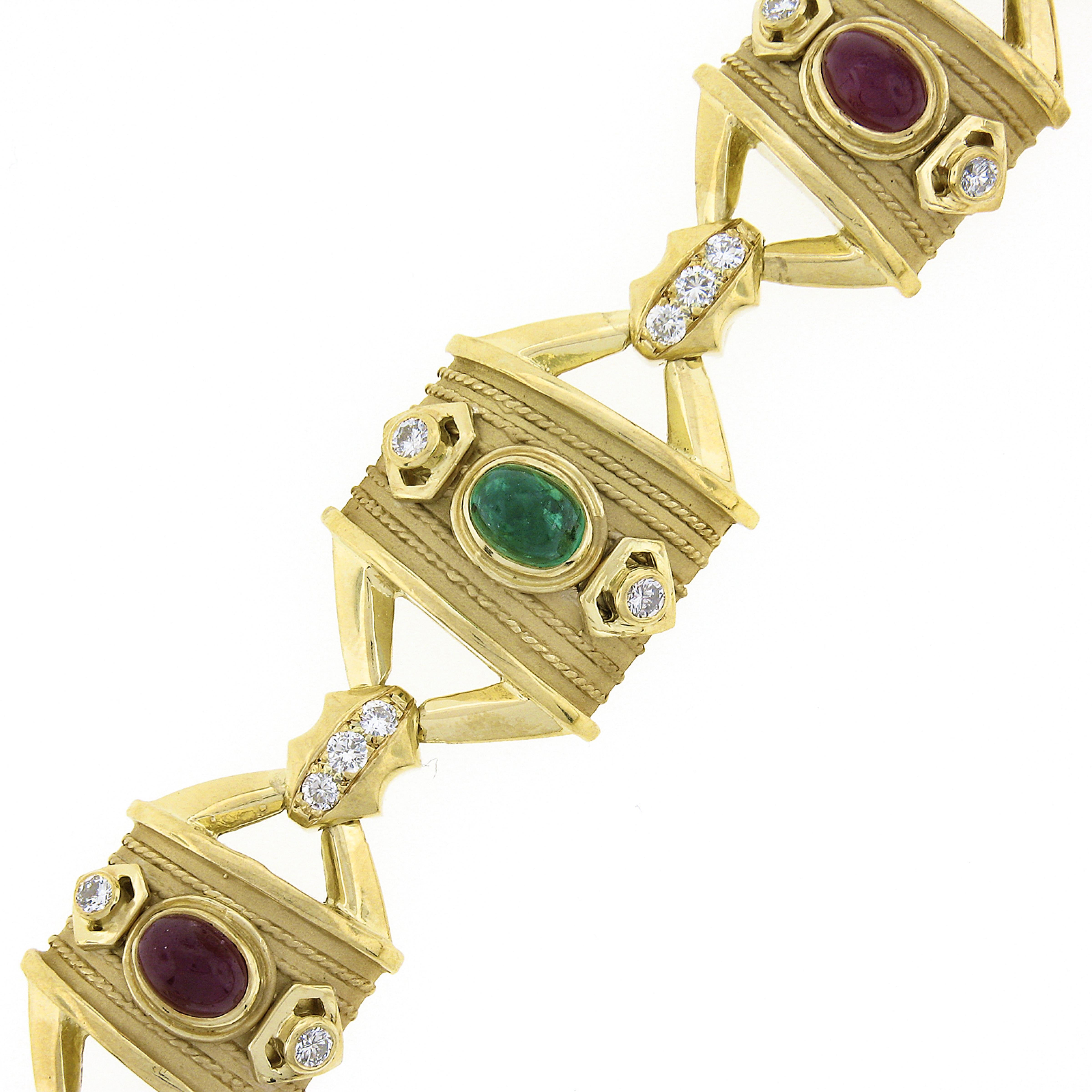 Women's Vintage 18K Gold Cabochon Multi Gemstone Diamond Dual Finish Wide Link Necklace For Sale