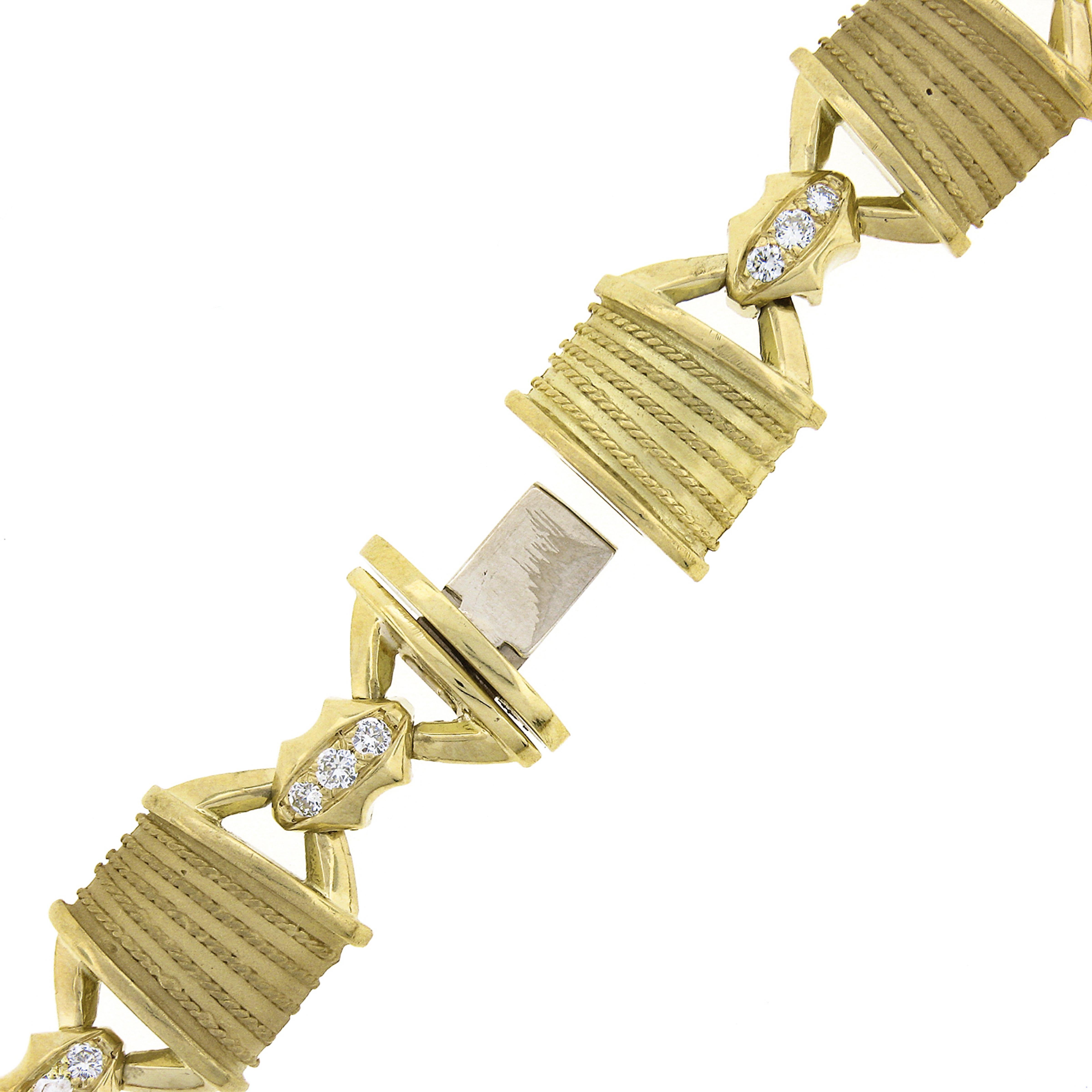 Vintage 18K Gold Cabochon Multi Gemstone Diamond Dual Finish Wide Link Necklace For Sale 2
