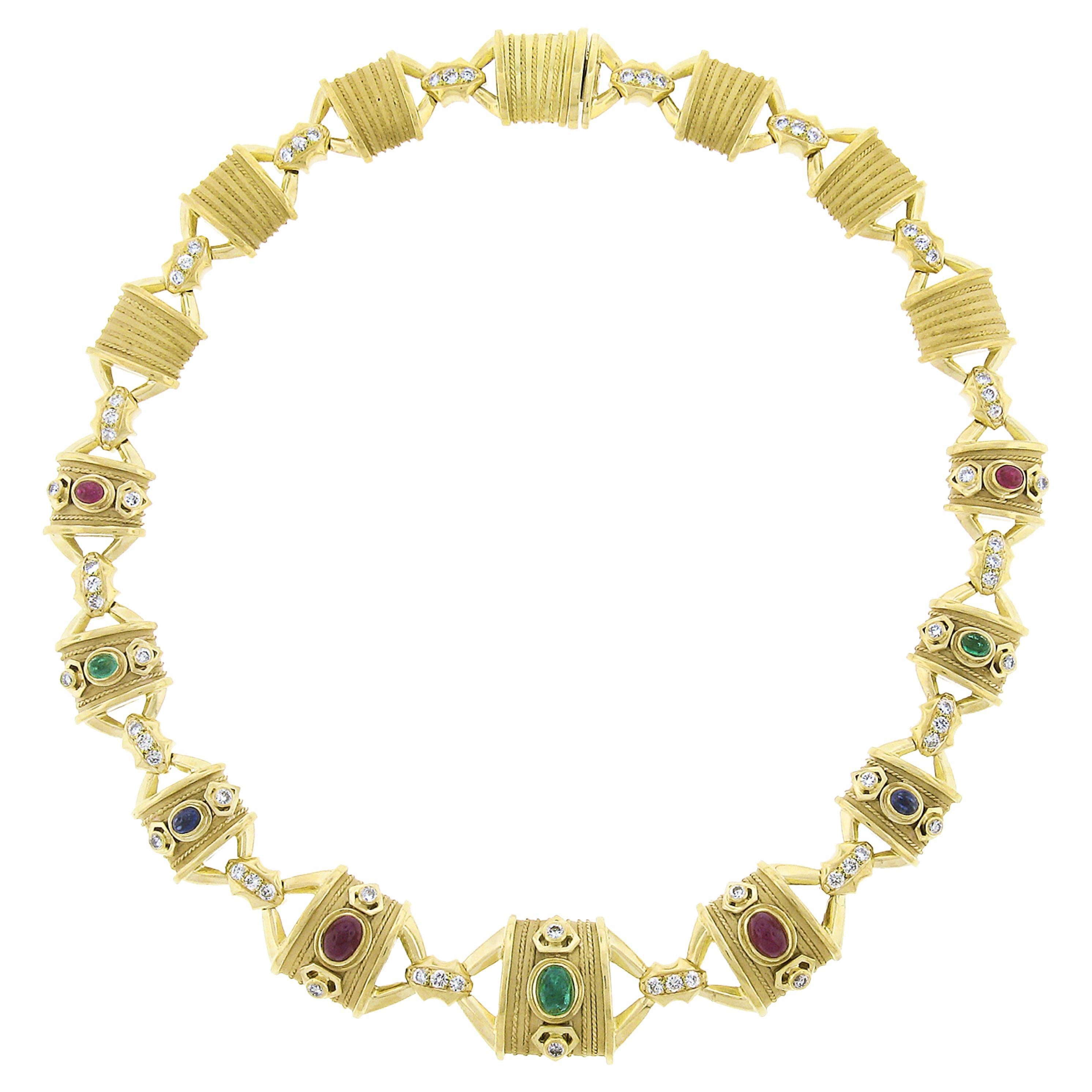 Vintage 18K Gold Cabochon Multi Gemstone Diamond Dual Finish Wide Link Necklace For Sale