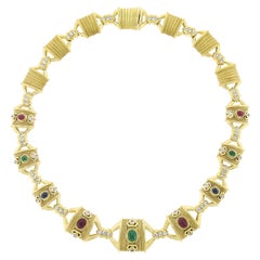 Vintage 18K Gold Cabochon Multi Gemstone Diamond Dual Finish Wide Link Necklace