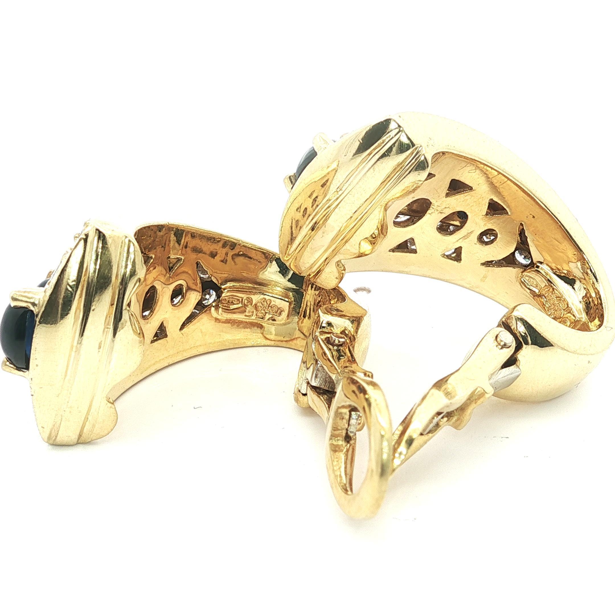Orecchini a clip svasati in oro 18 carati con zaffiro cabochon e 3 carati di diamanti in vendita 7