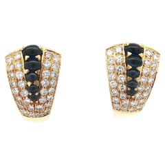 Vintage 18k Gold Cabochon Sapphire 3ct Pave Diamond Flared Cuff Clip On Earrings