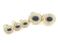 Vintage 18k Gold Cabochon Sapphire Diamond Cufflink Tuxedo Shirt Stud Set