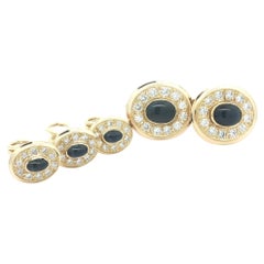 Vintage 18k Gold Cabochon Sapphire Diamond Cufflink Tuxedo Shirt Stud Set
