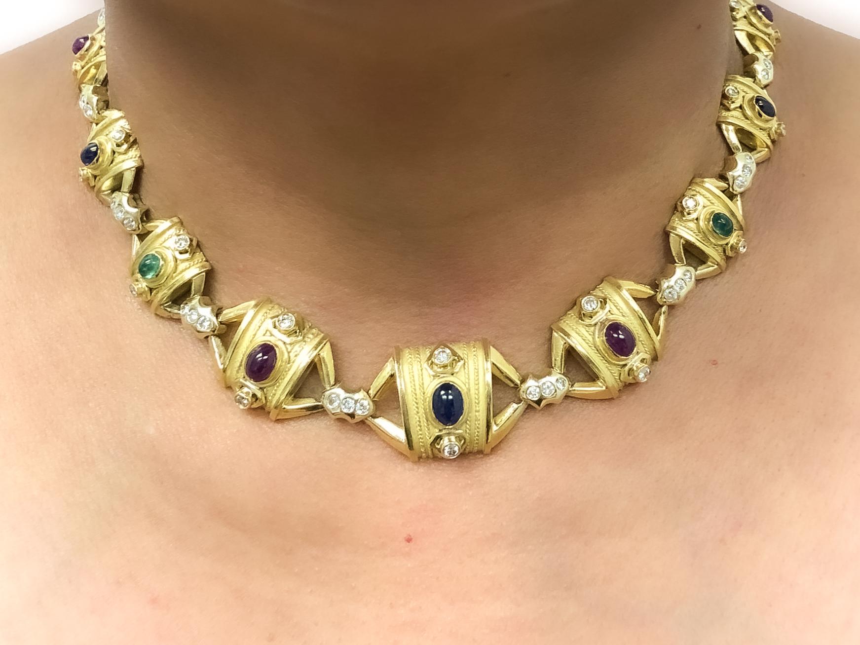 Women's Vintage 18K Gold Cabochon Sapphire, Ruby, Emeralds Diamonds Choker Necklace