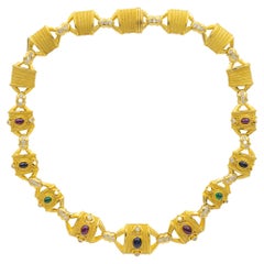 Vintage 18K Gold Cabochon Sapphire, Ruby, Emeralds Diamonds Choker Necklace