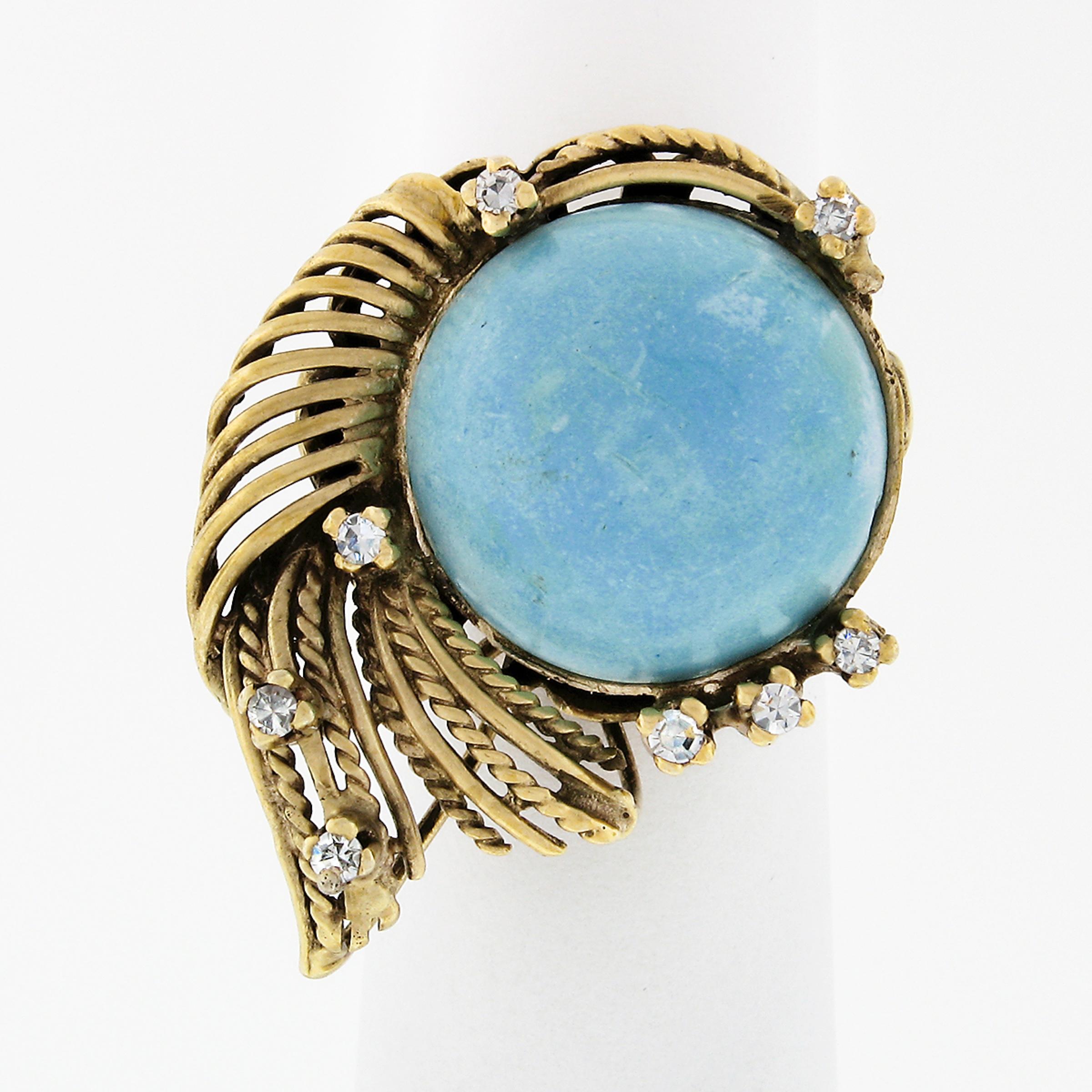 This beautiful vintage cocktail ring is crafted in solid 18k yellow gold and features a large turquoise stone neatly set at the top of the open basket. The stone displays a super attractive color and size and is surrounded by absolutely gorgeous
