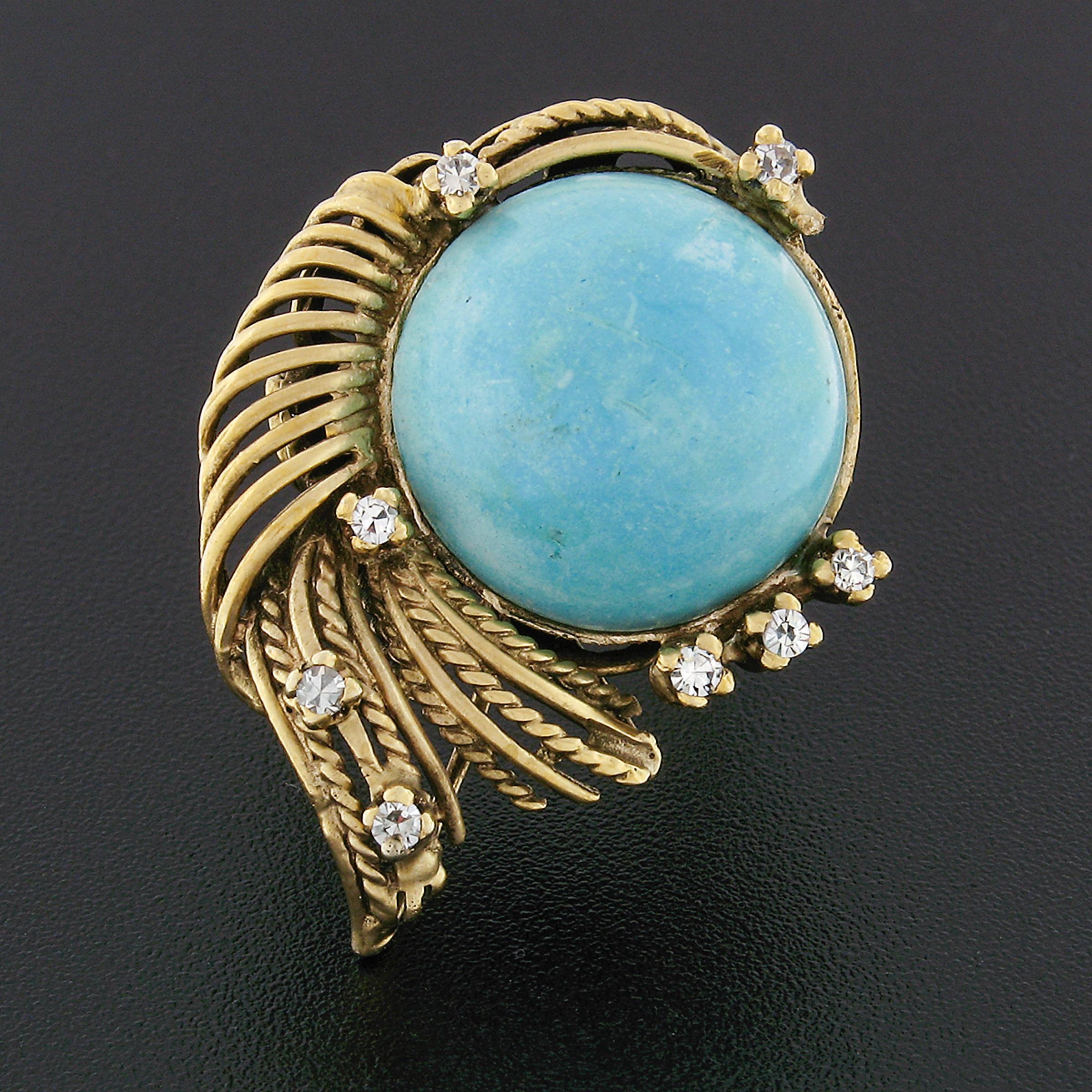 Vintage 18k Gold Cabochon Turquoise w/ Diamond Accent Twisted Wire Cocktail Ring In Good Condition For Sale In Montclair, NJ