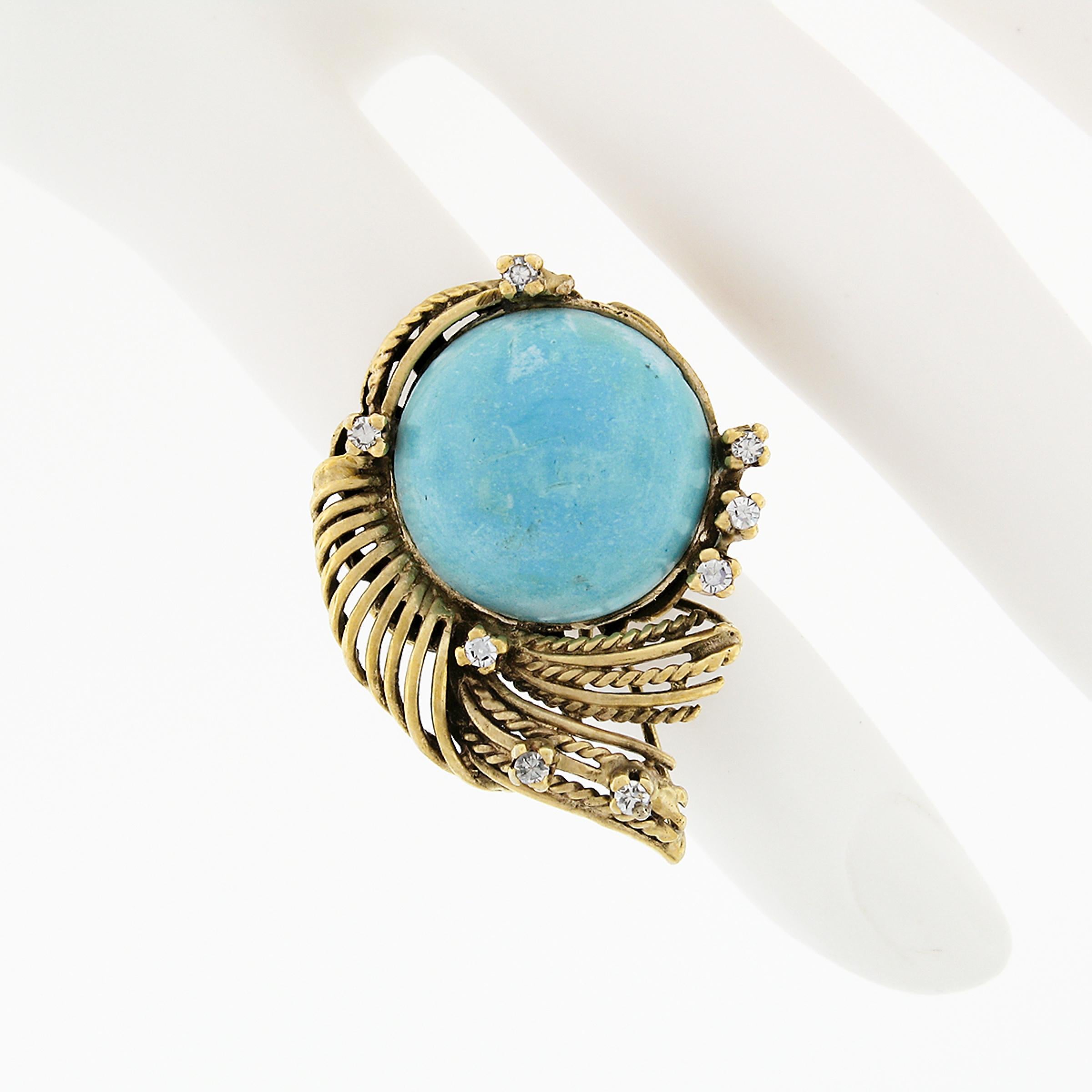 Women's Vintage 18k Gold Cabochon Turquoise w/ Diamond Accent Twisted Wire Cocktail Ring For Sale