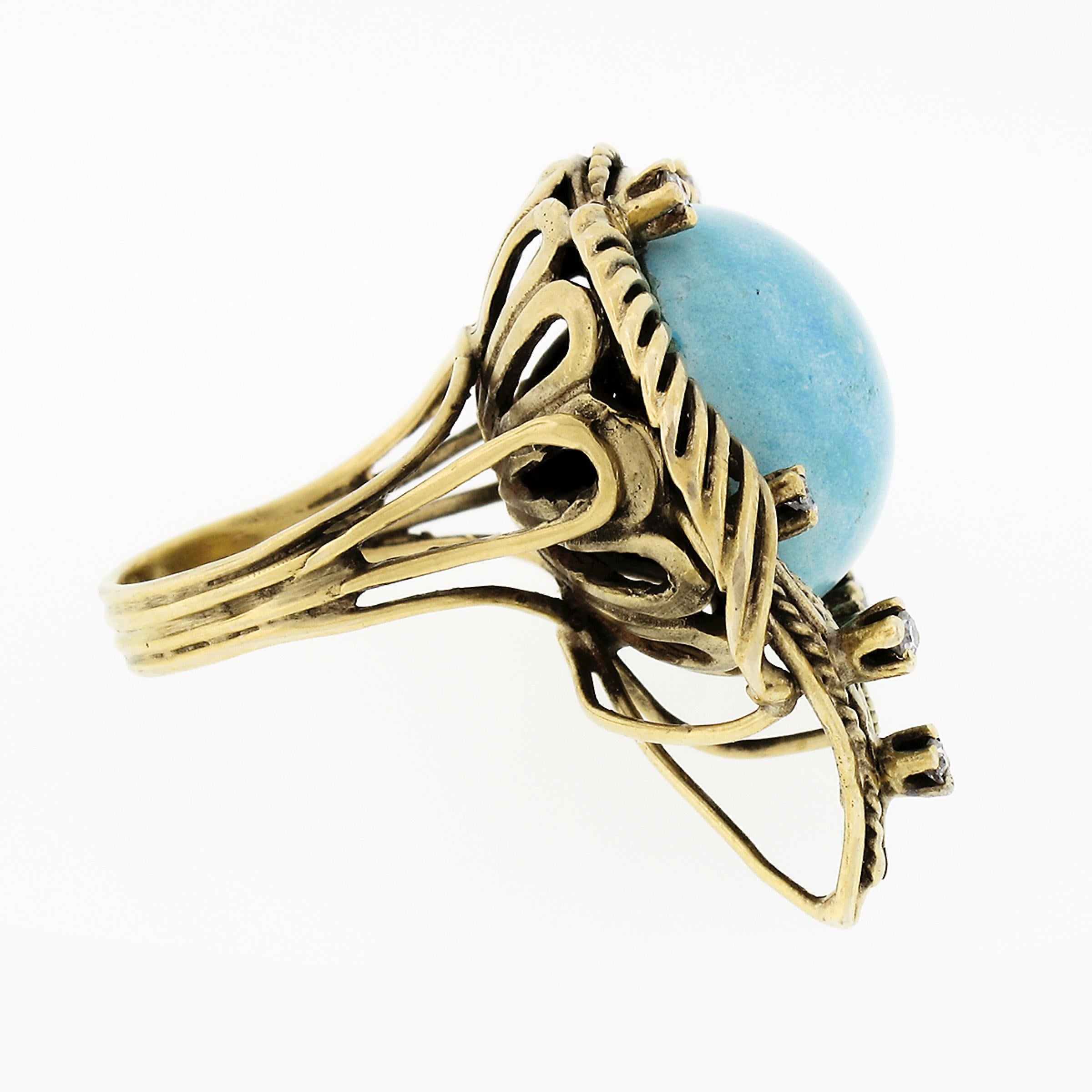 Vintage 18k Gold Cabochon Turquoise w/ Diamond Accent Twisted Wire Cocktail Ring For Sale 1
