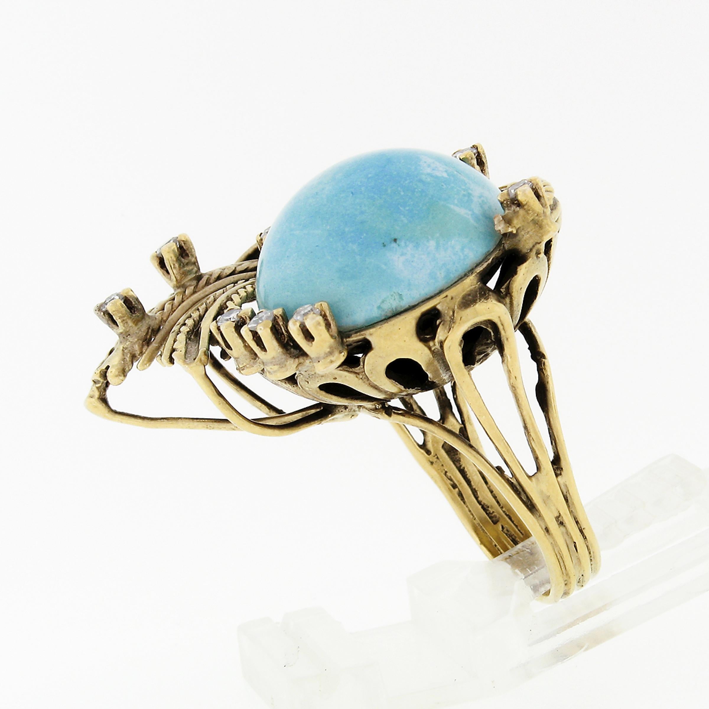 Vintage 18k Gold Cabochon Turquoise w/ Diamond Accent Twisted Wire Cocktail Ring For Sale 2