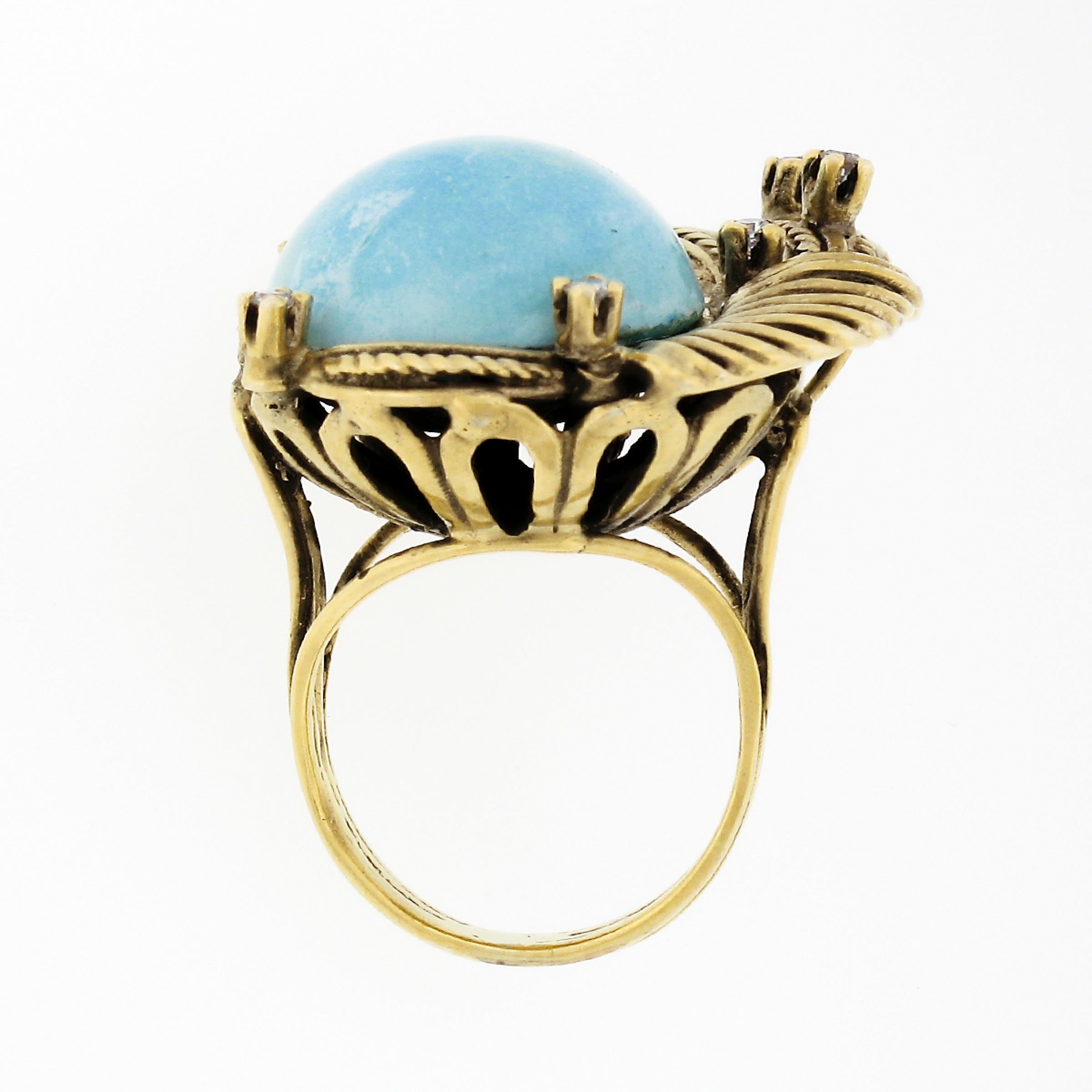 Vintage 18k Gold Cabochon Turquoise w/ Diamond Accent Twisted Wire Cocktail Ring For Sale 4
