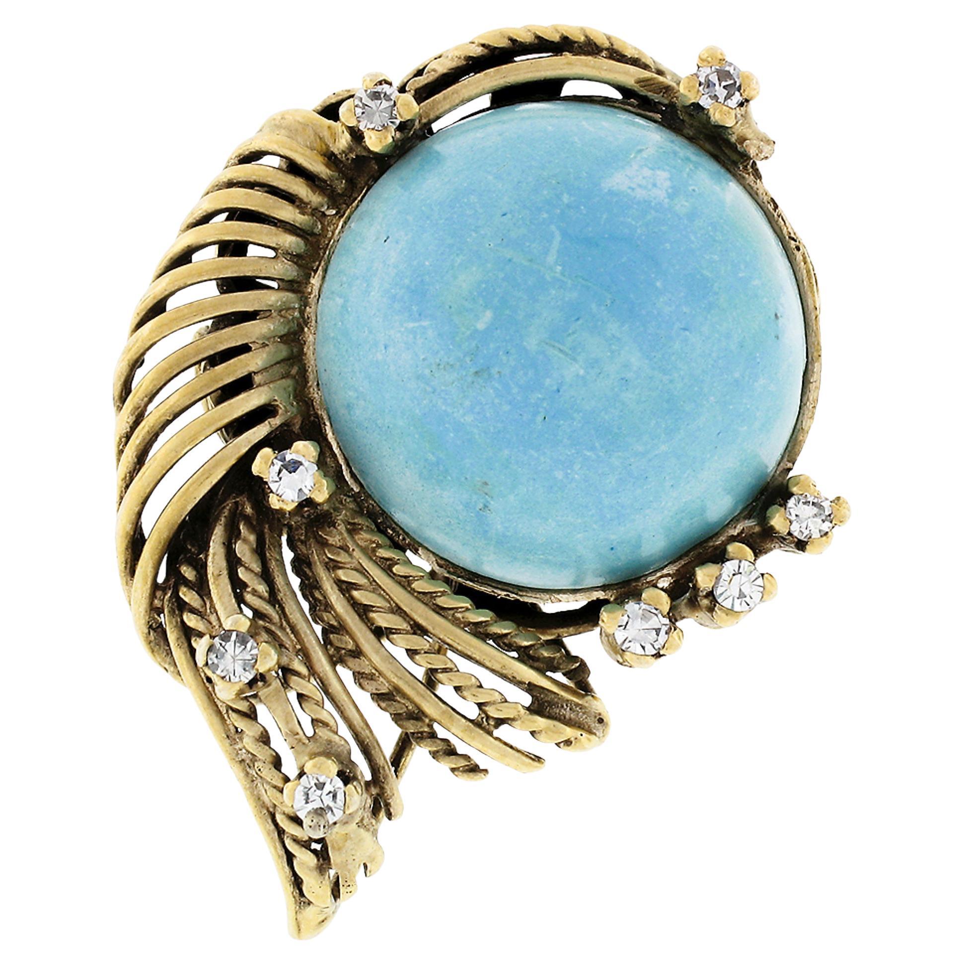 Vintage 18k Gold Cabochon Turquoise w/ Diamond Accent Twisted Wire Cocktail Ring For Sale