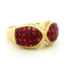 Vintage 18K Gold Calibré Ruby Diamond Bypass Ring, 5 Carats