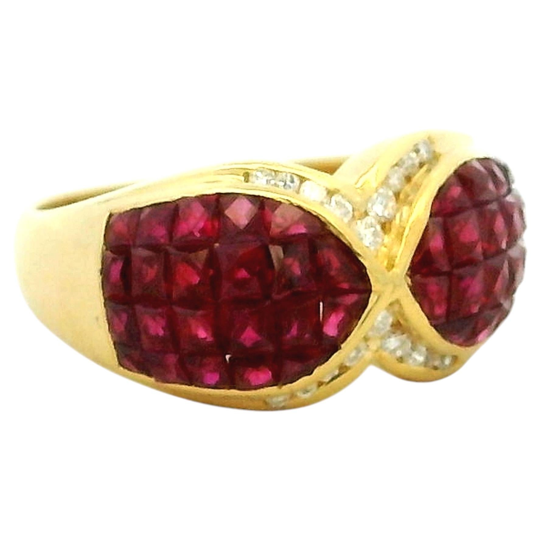 Anillo vintage de oro de 18 quilates con diamantes y rubíes calibrados, 5 quilates en venta