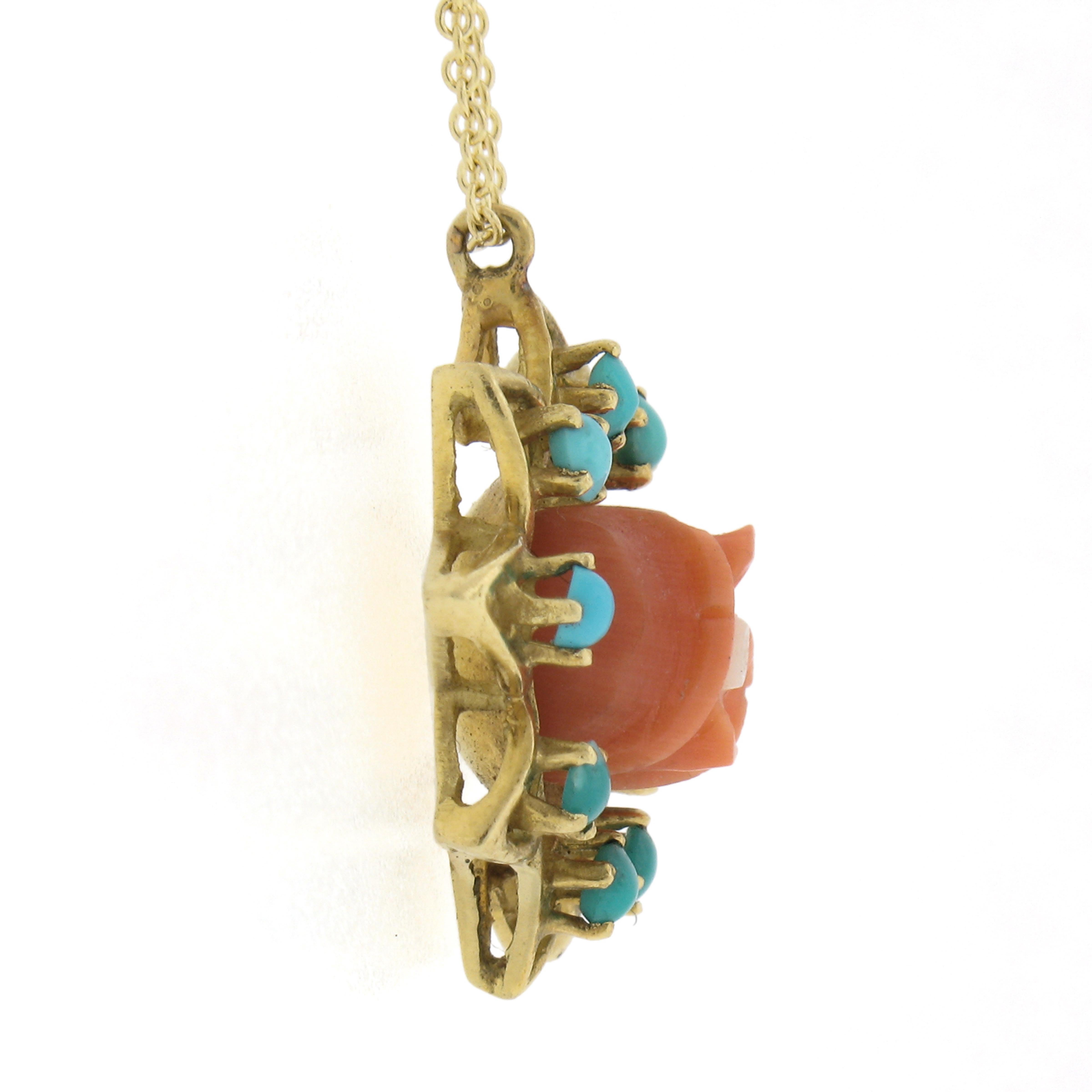 Bead Vintage 18k Gold Carved Coral Rose w/ Turquoise Halo Pendant & Chain Necklace For Sale