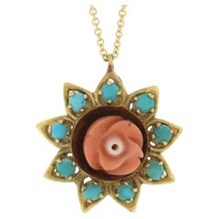 Vintage 18k Gold Carved Coral Rose w/ Turquoise Halo Pendant & Chain Necklace