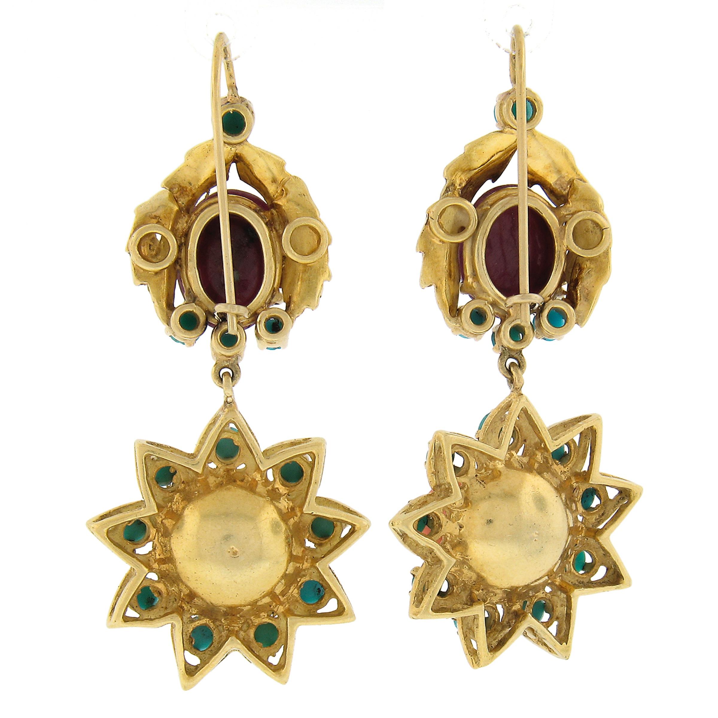 Cabochon Vintage 18K Gold Carved Flower Coral & Ruby w/ Turquoise Drop Dangle Earrings For Sale