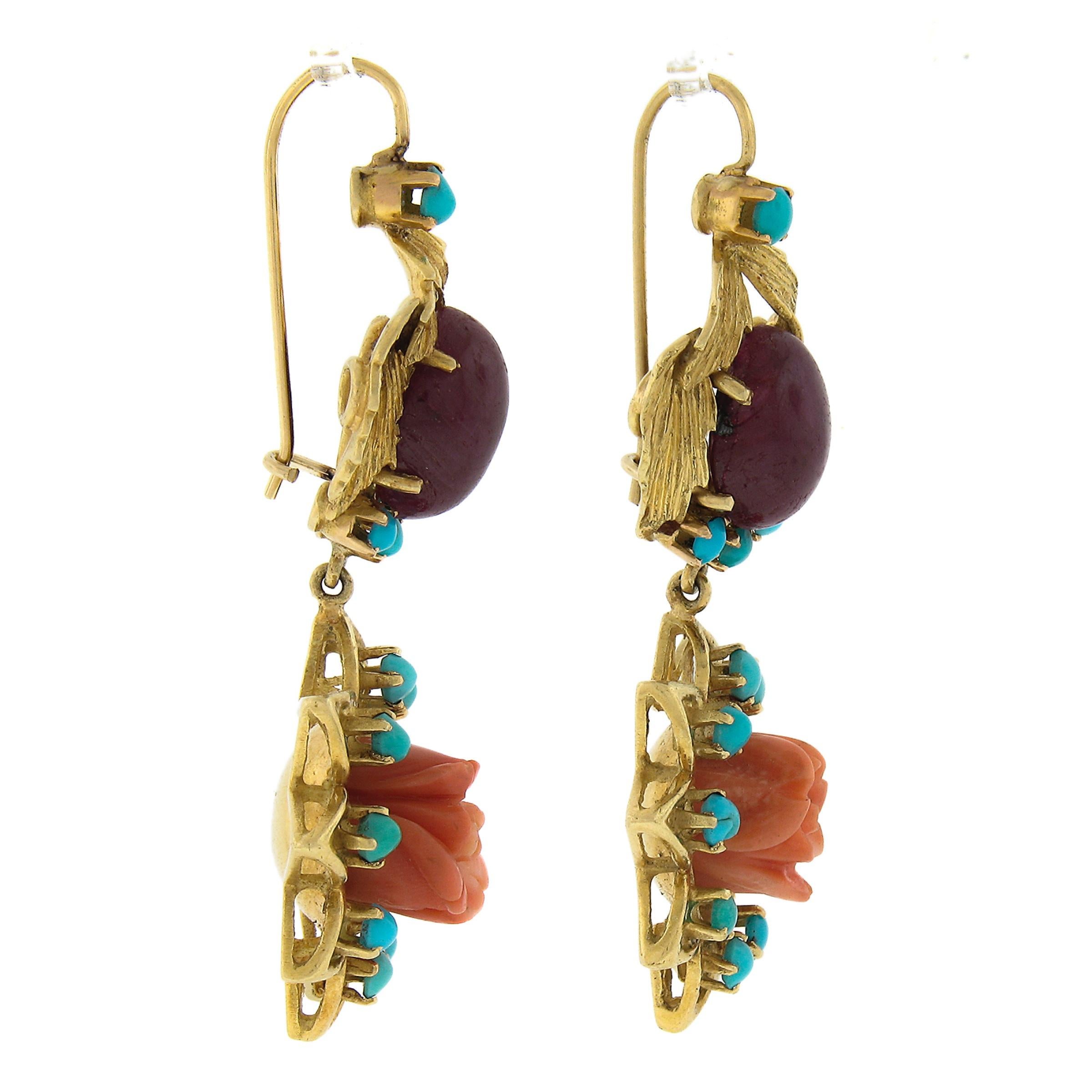 De las mujeres Pendientes colgantes vintage de oro de 18 quilates tallados en forma de flor de coral y rubí con turquesa en venta