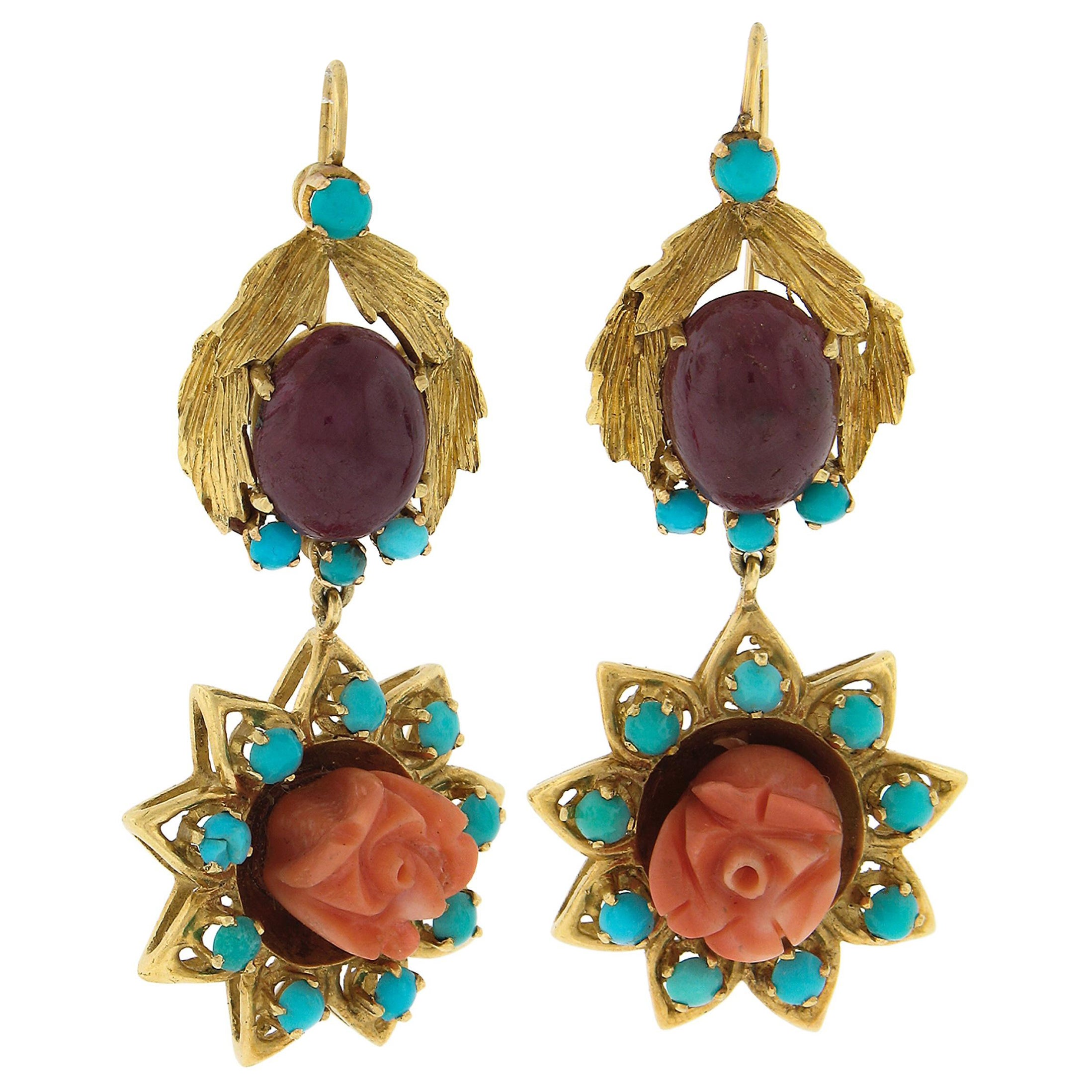 Pendientes colgantes vintage de oro de 18 quilates tallados en forma de flor de coral y rubí con turquesa
