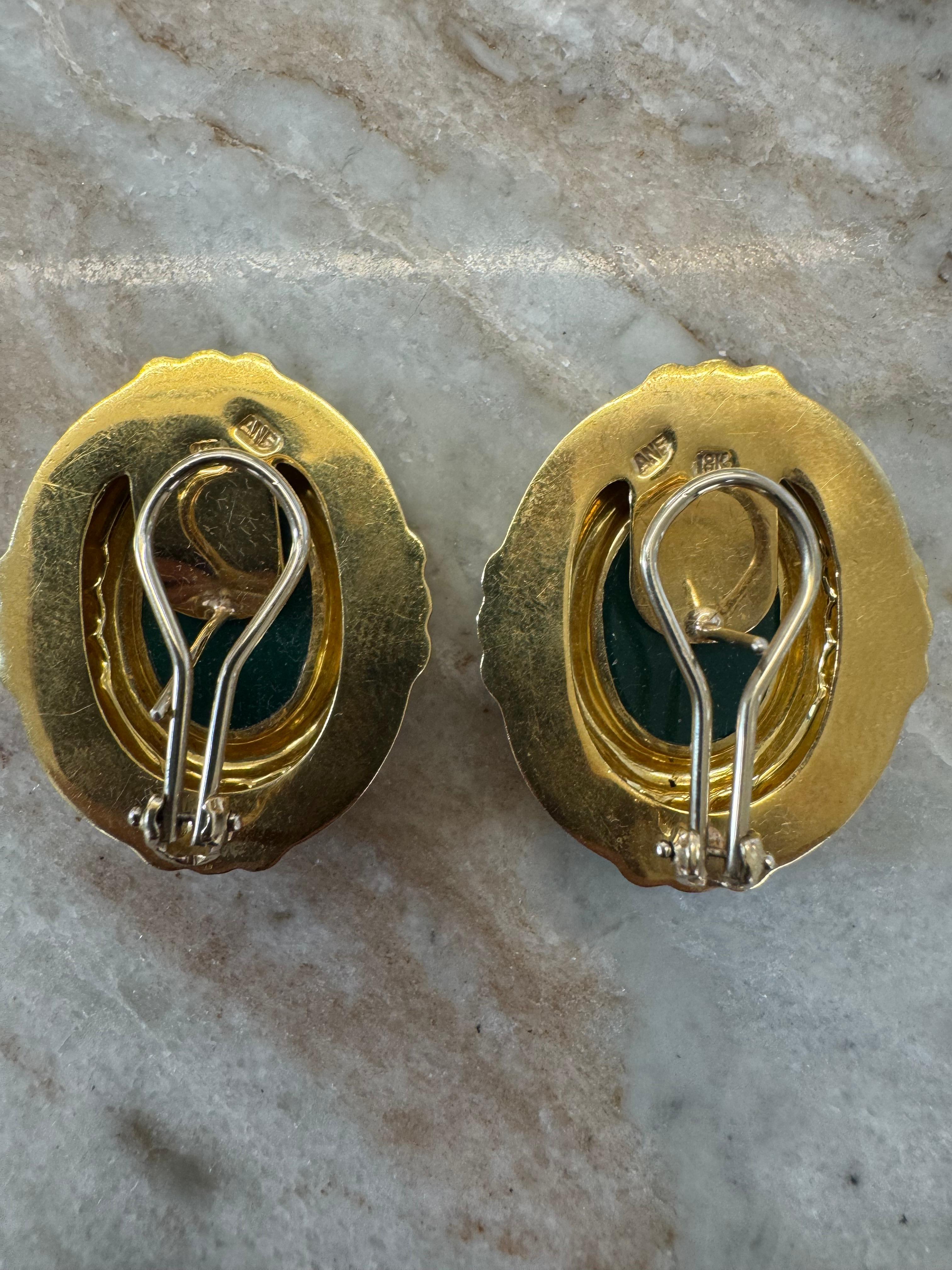 Vintage 18K Gold Carved Green Hardstone Intaglio Earrings, Signed ANF In Excellent Condition For Sale In Great Neck Plaza, NY