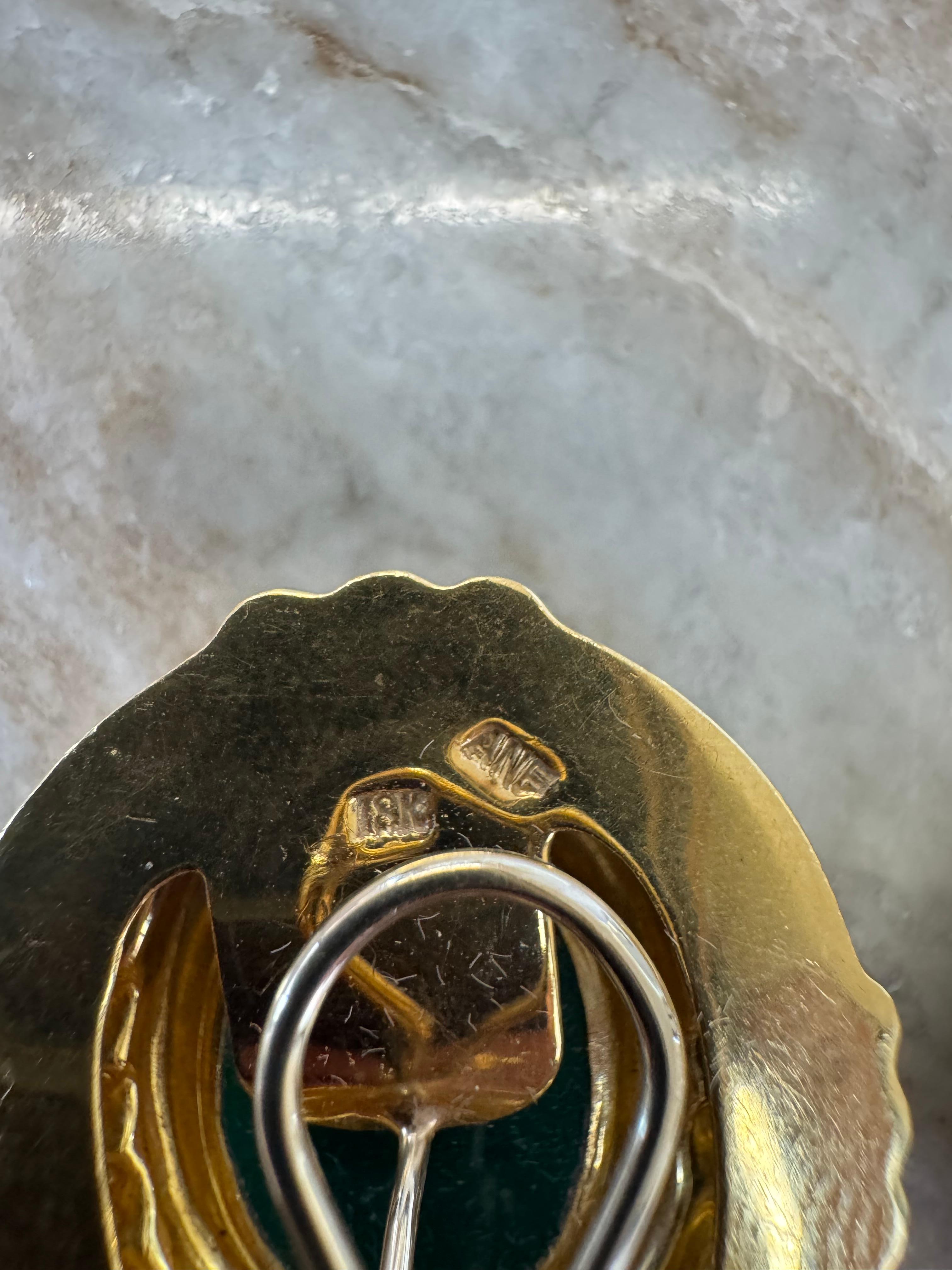 Women's or Men's Vintage 18K Gold Carved Green Hardstone Intaglio Earrings, Signed ANF For Sale