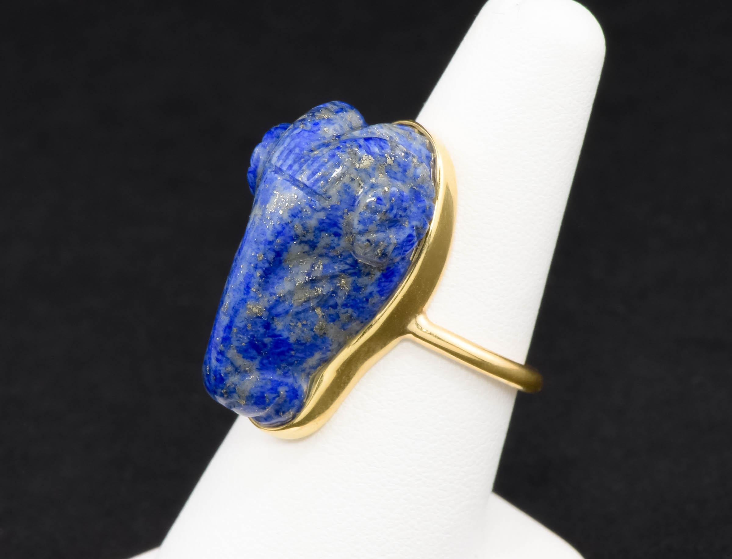 Etruscan Revival Vintage 18K Gold Carved Lapis Lazuli Ram Head Statement Ring