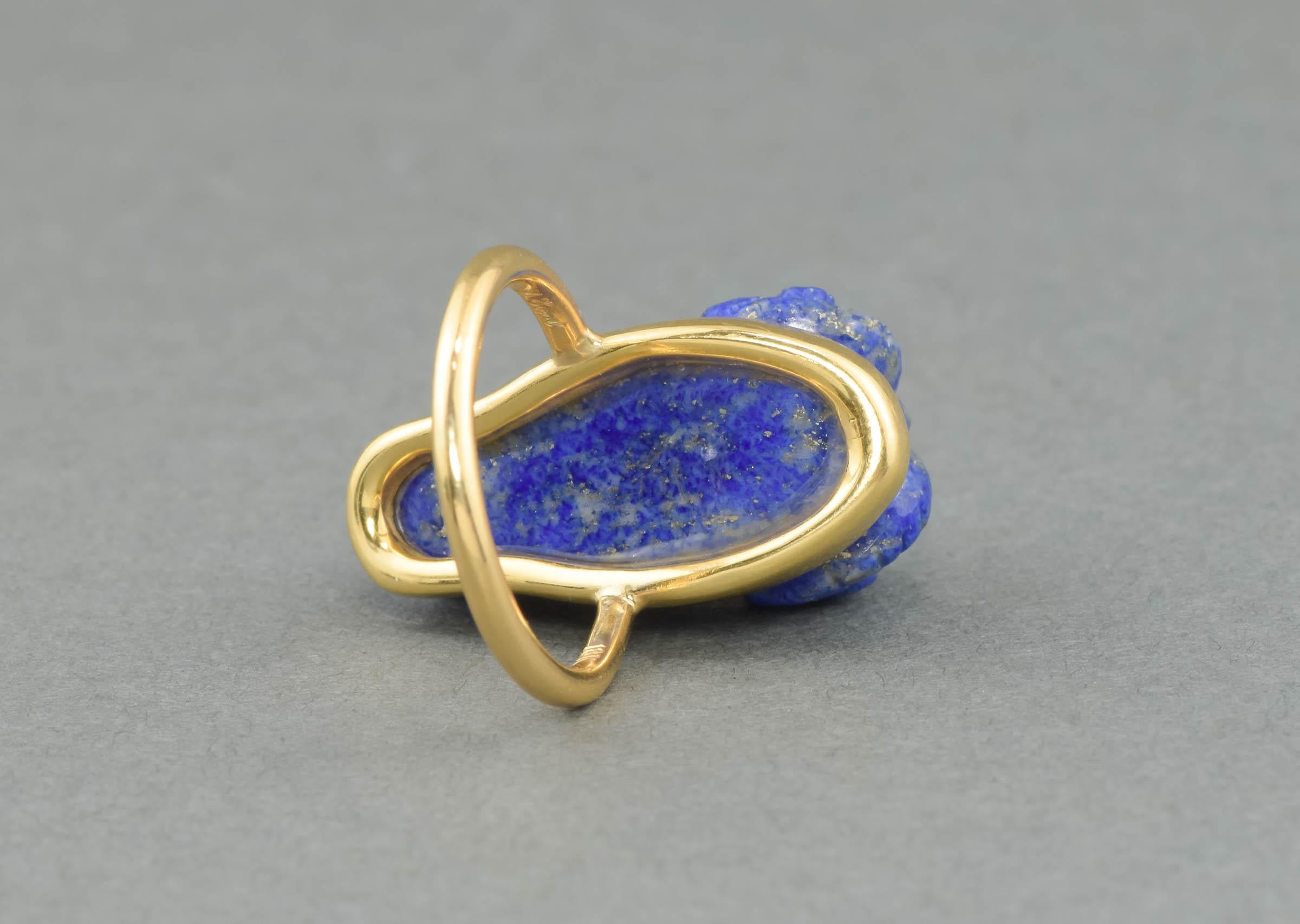 Vintage 18K Gold Carved Lapis Lazuli Ram Head Statement Ring 2