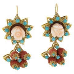 Vintage 18k Gold Carved Rose & Bead Coral W/ Turquoise Drop Dangle Earrings