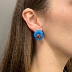 Vintage 18k Gold Carved Turquoise Pave Ruby Dome Stud Earrings
