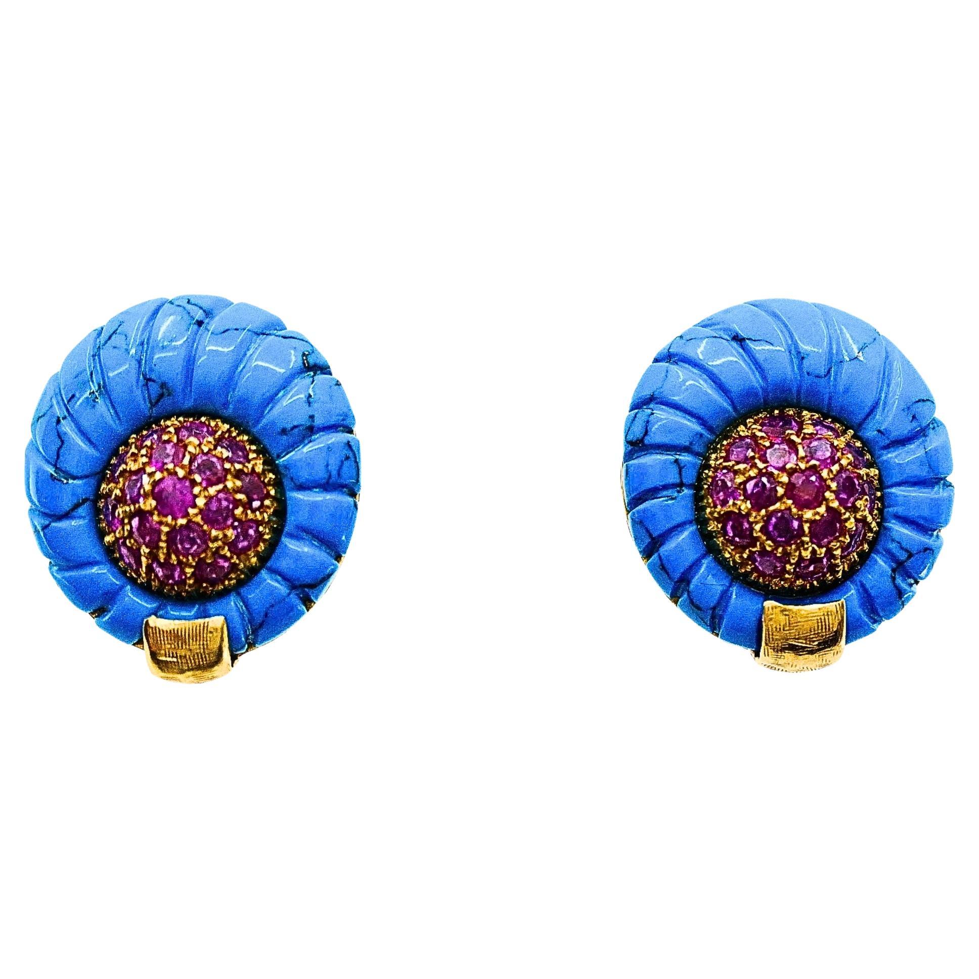Vintage 18k Gold Carved Turquoise Pave Ruby Dome Stud Earrings For Sale