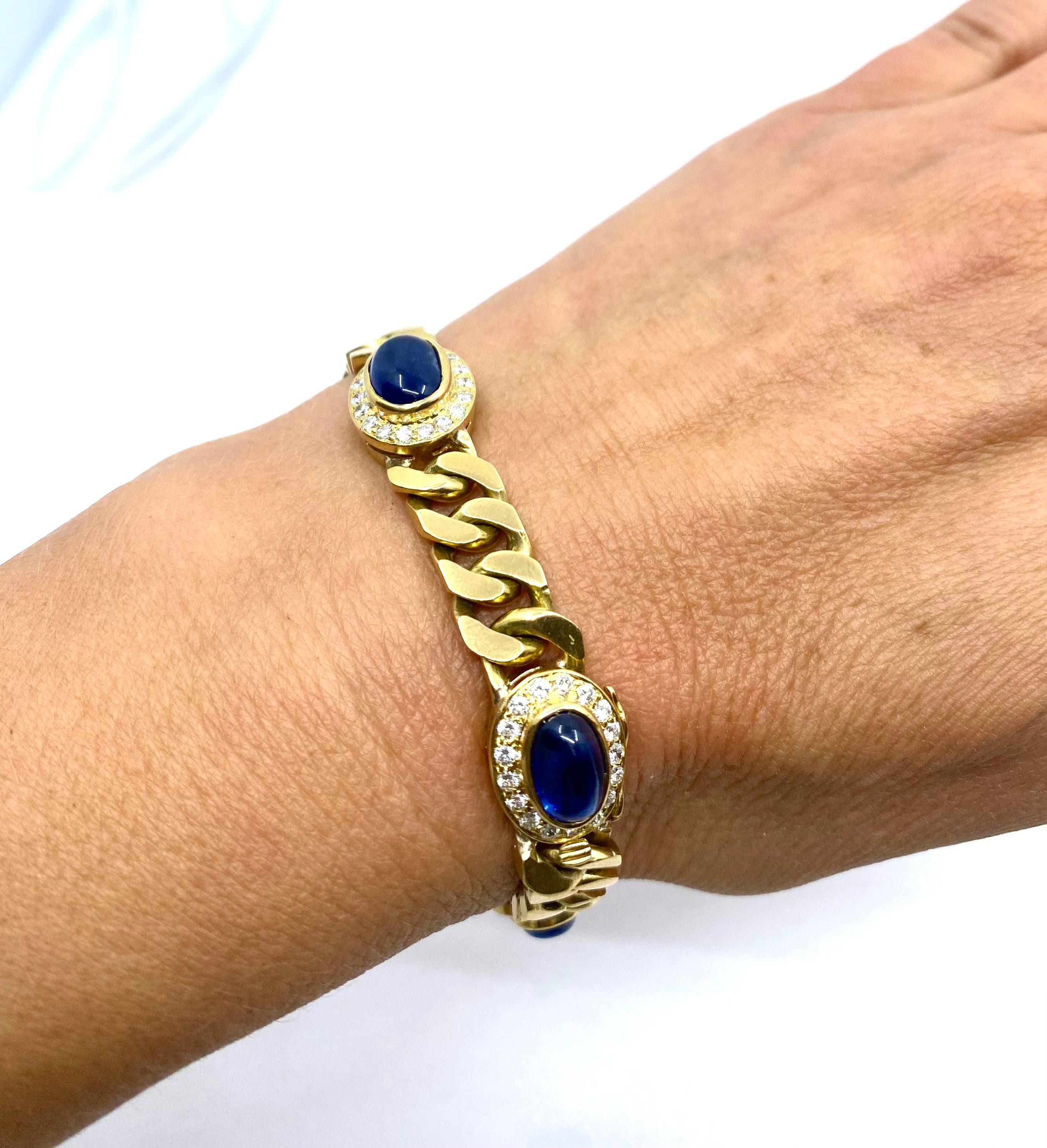 Mixed Cut Vintage 18k Gold Chain Bracelet Curb Link Sapphire French  For Sale