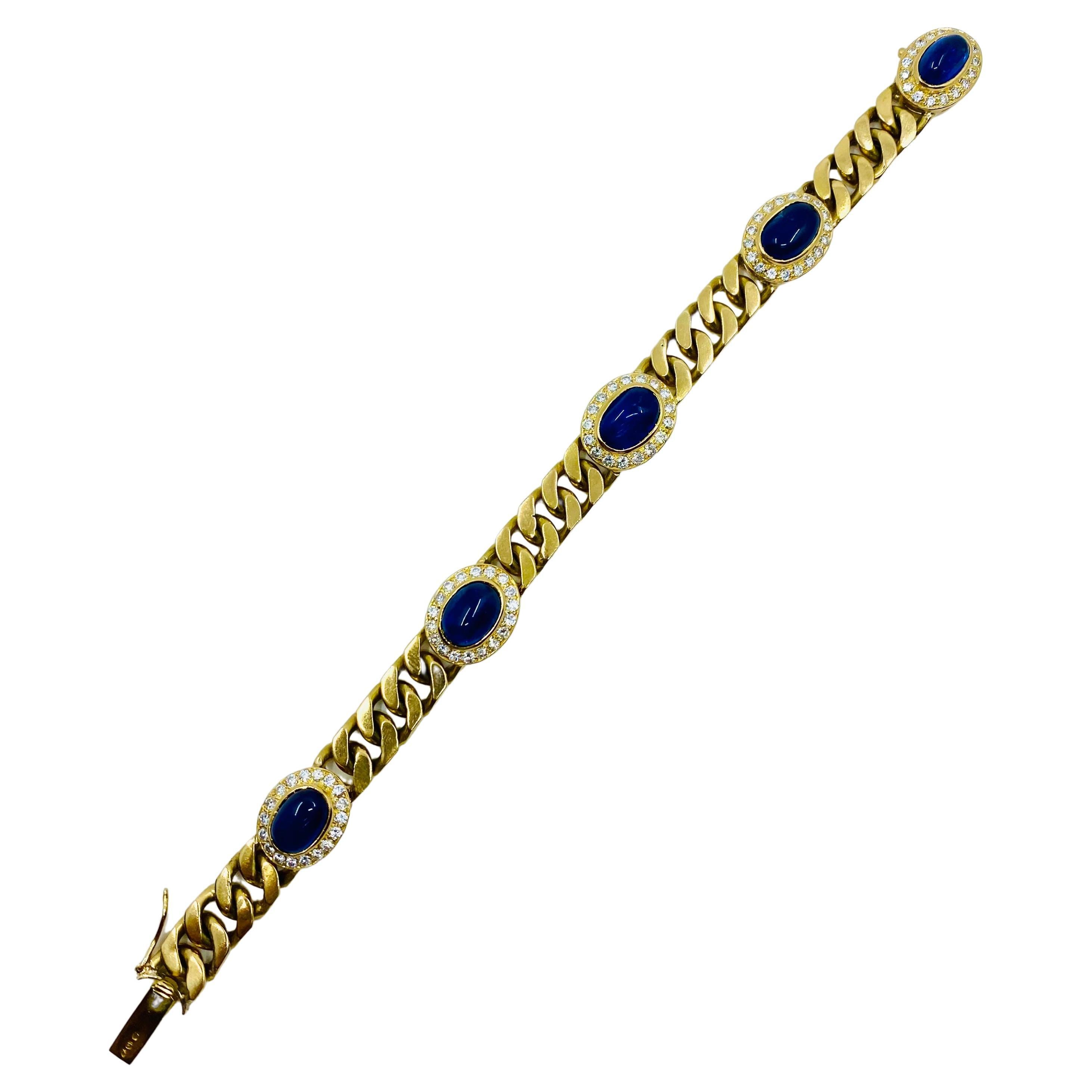 Vintage 18 Karat Gold Kette Armband Curb Link Saphir Französisch  (Gemischter Schliff) im Angebot