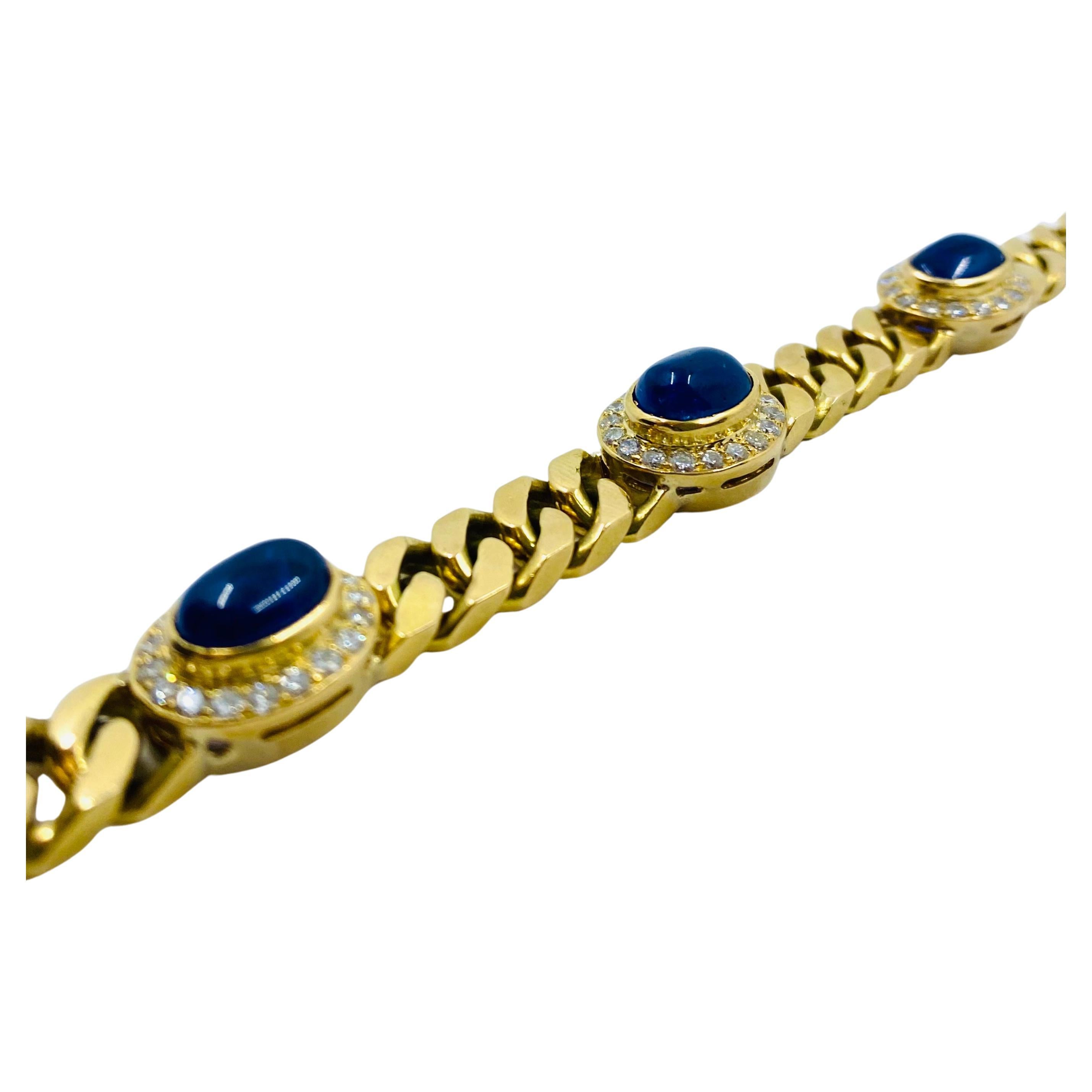 Vintage 18k Gold Chain Bracelet Curb Link Sapphire French  Unisexe en vente