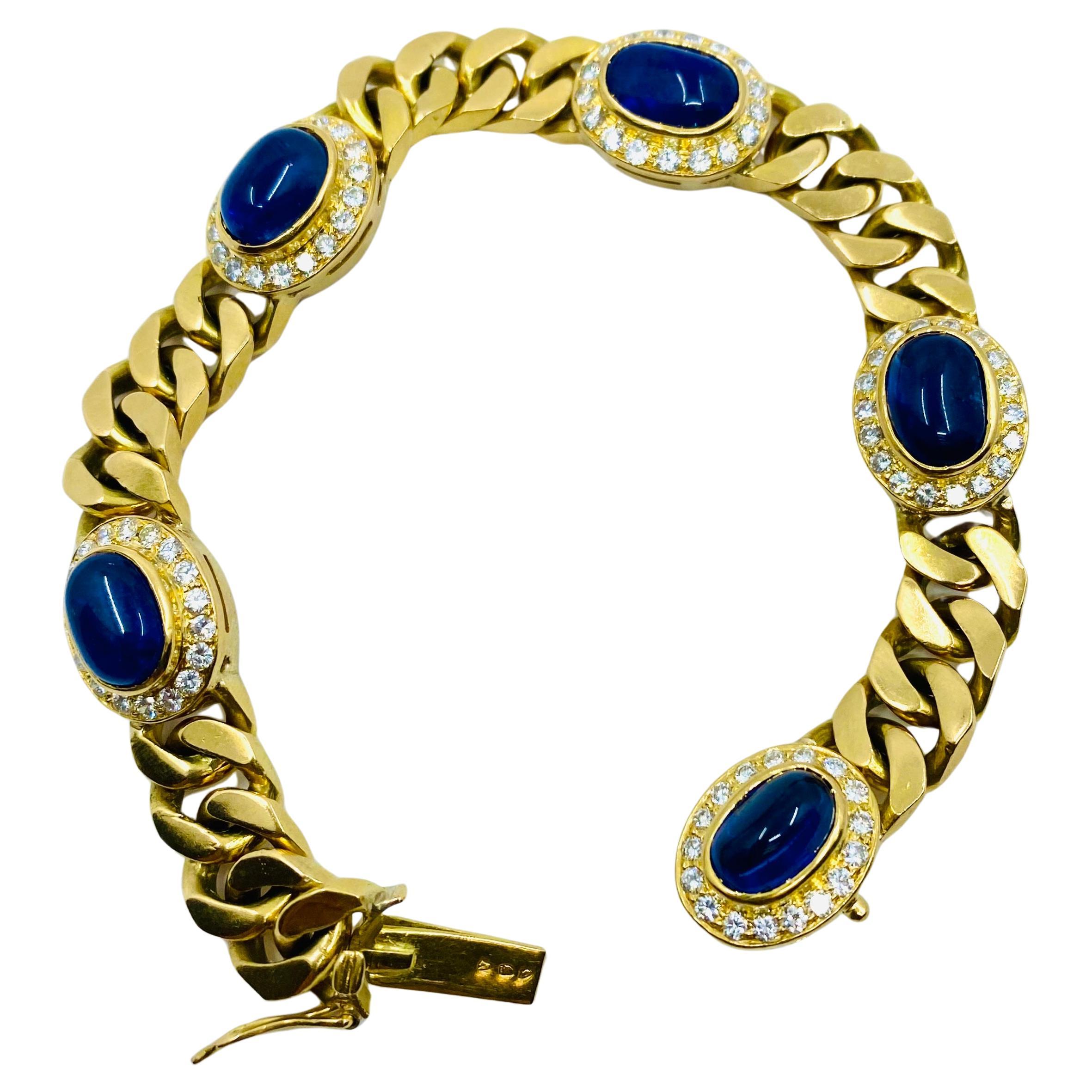 Vintage 18k Gold Chain Bracelet Curb Link Sapphire French  en vente 3