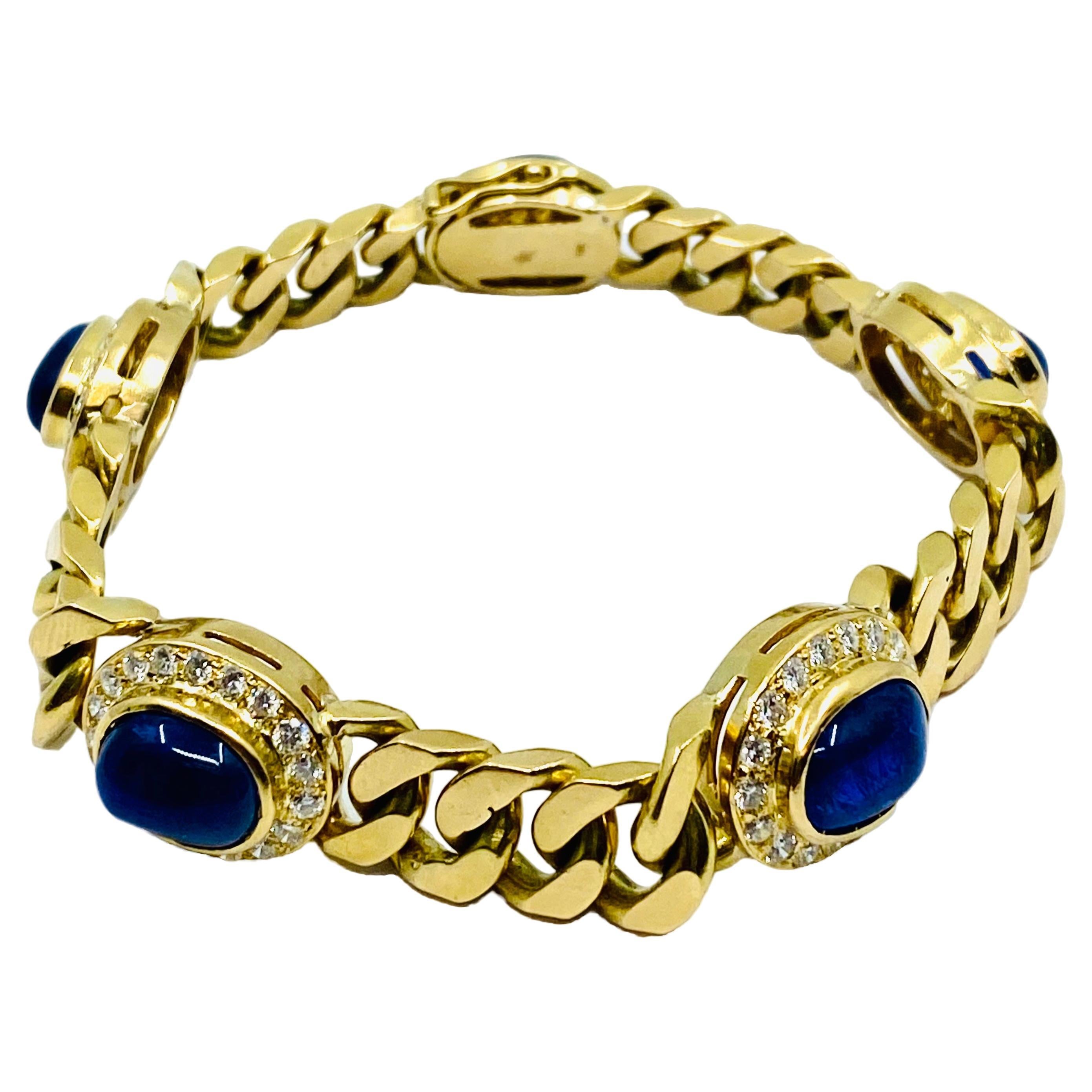 Vintage 18k Gold Chain Bracelet Curb Link Sapphire French  For Sale
