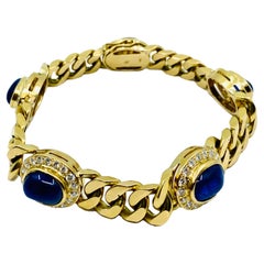 Retro 18k Gold Chain Bracelet Curb Link Sapphire French 