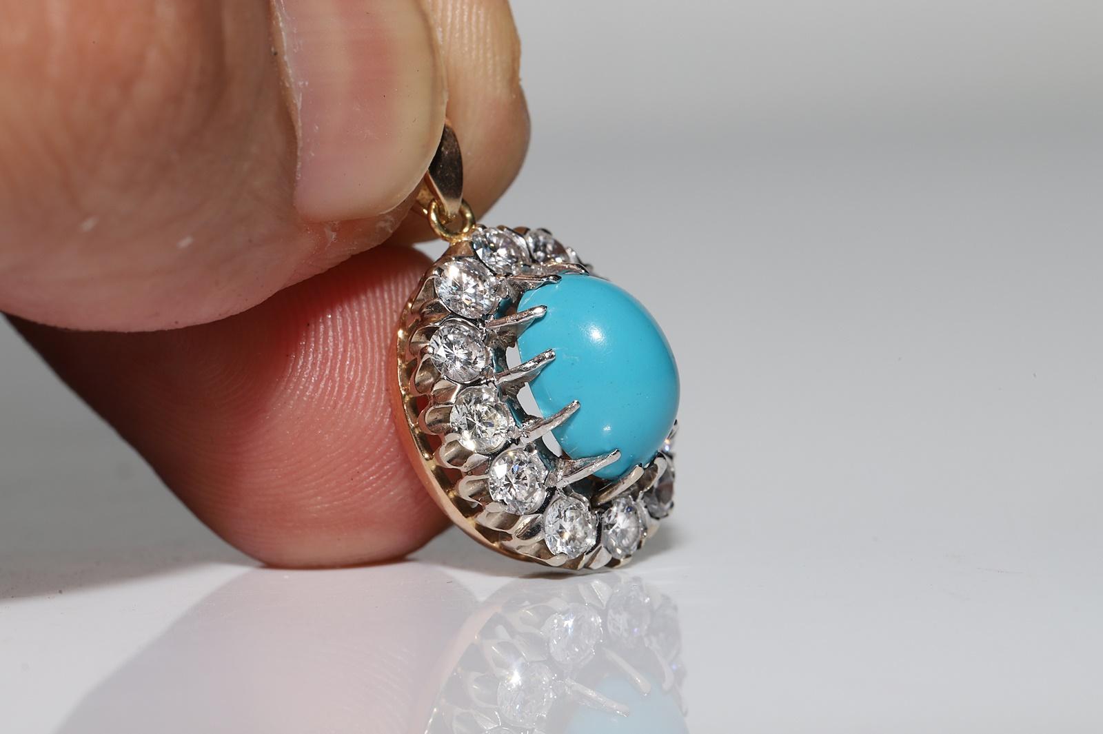 Brilliant Cut Vintage 18k Gold Circa 1970s Natural Diamond And Turquoise Decorated Pendant For Sale