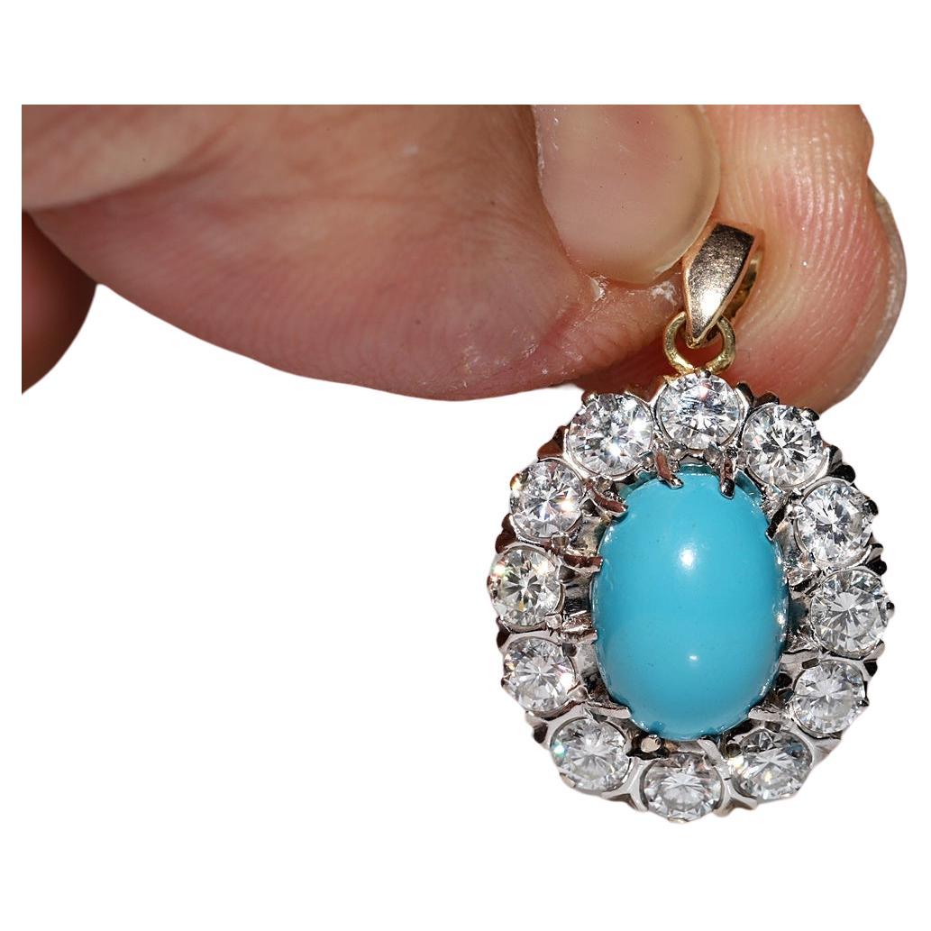 Vintage 18k Gold Circa 1970s Natural Diamond And Turquoise Decorated Pendant For Sale