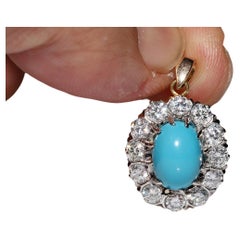 Pendentif en or 18k Circa Vintage des années 1970 orné de diamants naturels et de turquoises