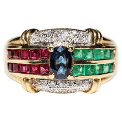 Vintage 18k Gold Circa 1980s Natural Diamond And Sapphire Emerald Ruby Ring