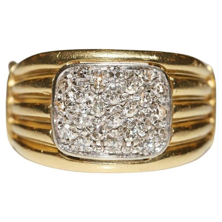Vintage 18k Gold Circa 1980 Natural Diamond Decorated Strong Ring (bague forte ornée de diamants naturels)