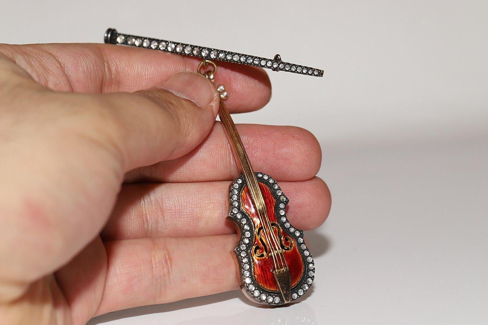Vintage  Broche de oro de 18 quilates circa años 80 Diamante natural talla rosa Vıolın esmaltado en venta 6