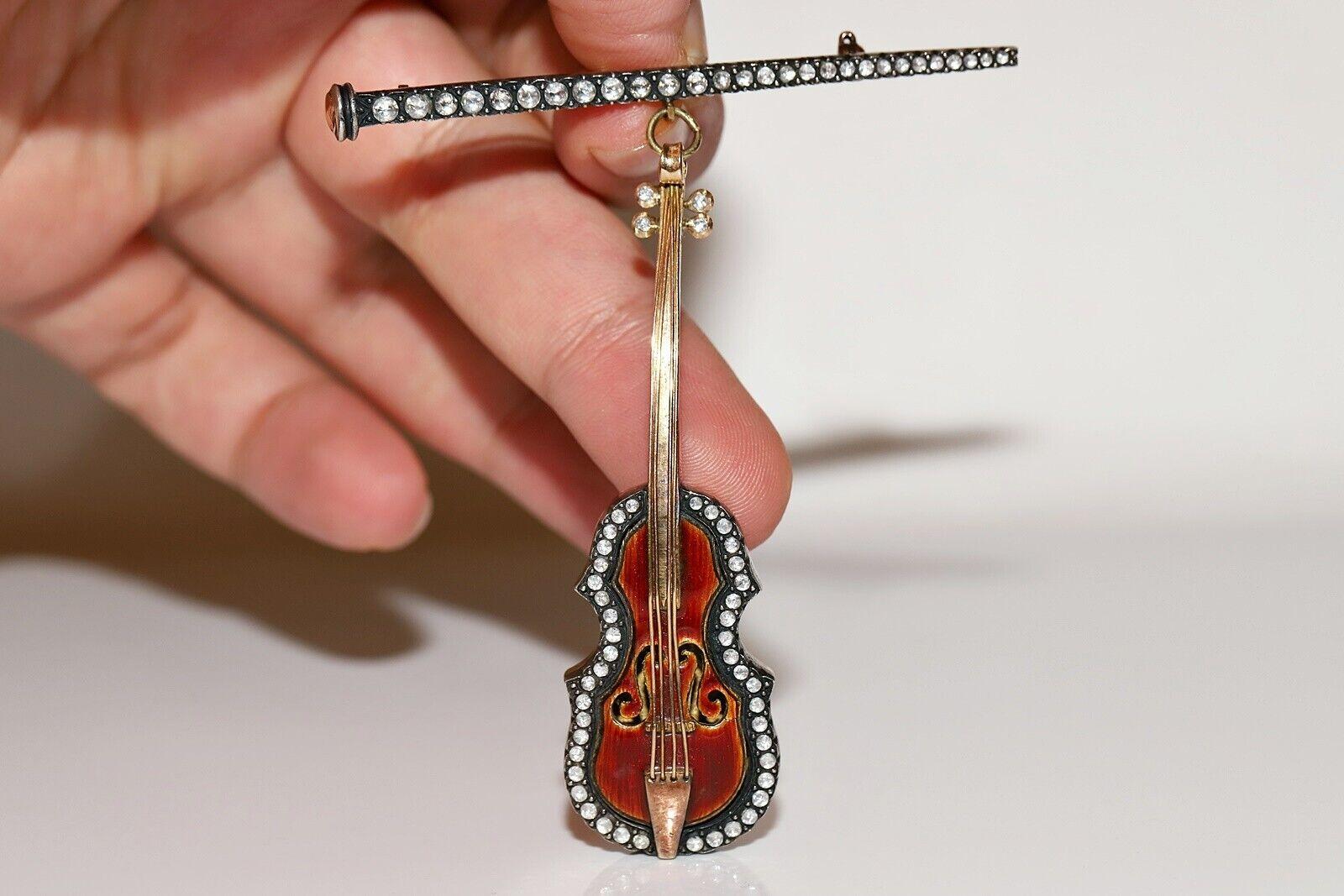 Vintage  Broche de oro de 18 quilates circa años 80 Diamante natural talla rosa Vıolın esmaltado en venta 7