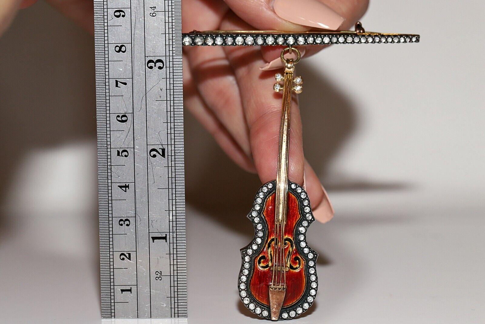 Vintage  Broche de oro de 18 quilates circa años 80 Diamante natural talla rosa Vıolın esmaltado Retro en venta