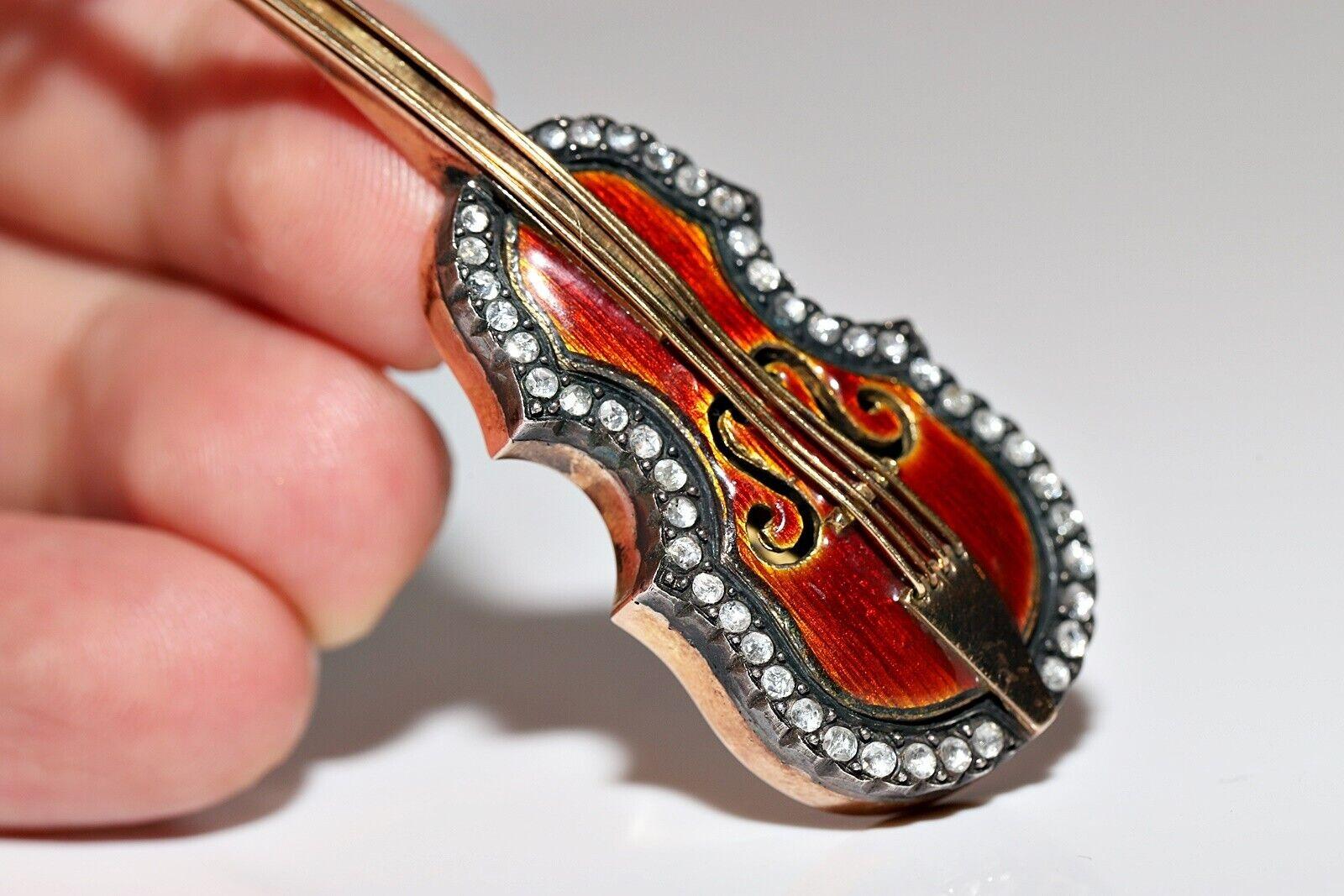 Vintage  Broche de oro de 18 quilates circa años 80 Diamante natural talla rosa Vıolın esmaltado en Bueno estado para la venta en Fatih/İstanbul, 34