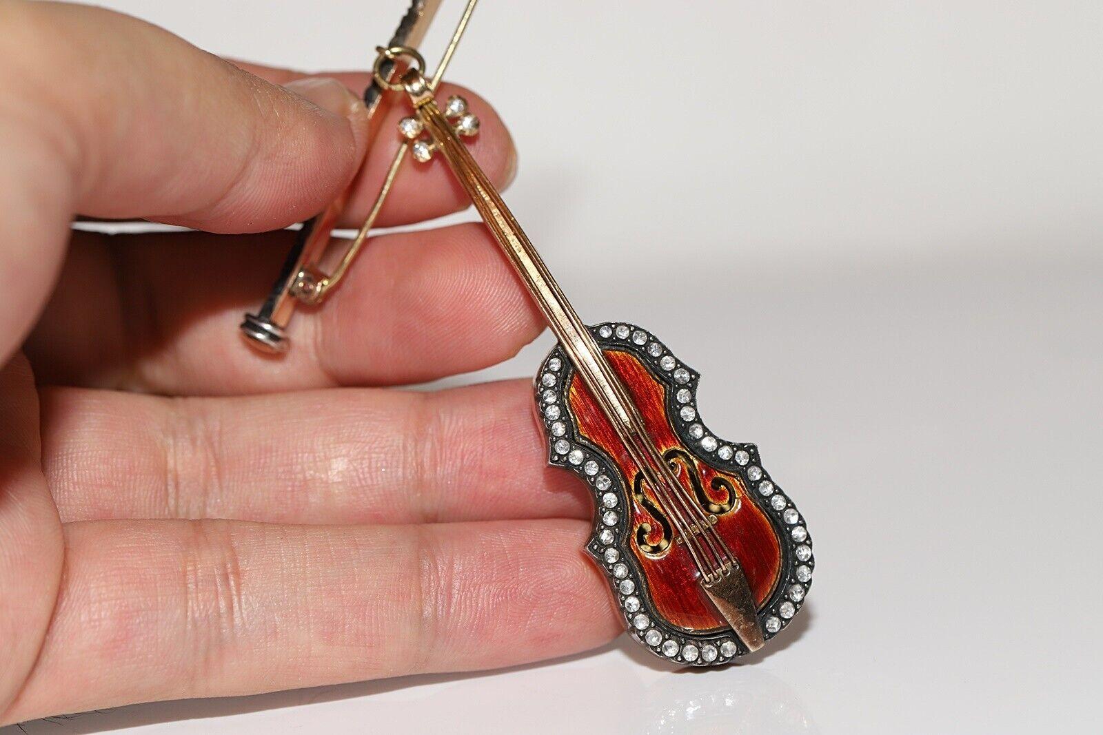 Vintage  Broche de oro de 18 quilates circa años 80 Diamante natural talla rosa Vıolın esmaltado en venta 3