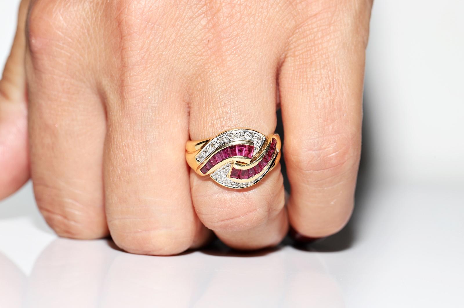 Retro Vintage 18k Gold Circa 1990s Natural Diamond And Caliber Ruby Decorated Ring  For Sale