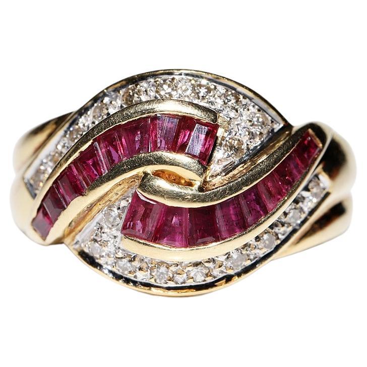 Vintage 18k Gold Circa 1990s Natural Diamond And Caliber Ruby Decorated Ring 