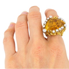 Vintage 18k Gold Citrine Diamond Ring Brutalist Design